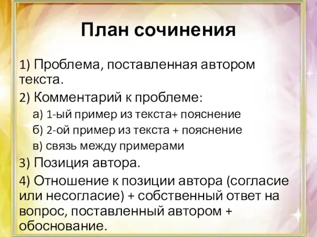 План сочинения 1) Проблема, поставленная автором текста. 2) Комментарий к