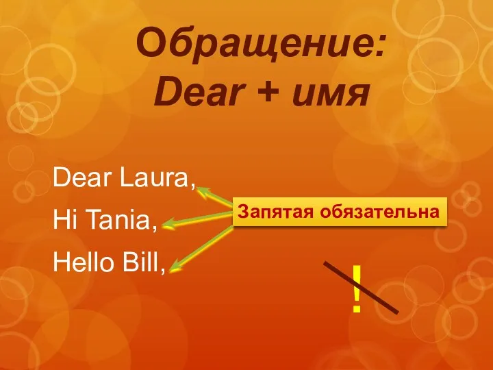 Обращение: Dear + имя Dear Laura, Hi Tania, Hello Bill, Запятая обязательна !