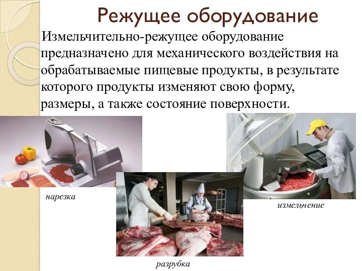 Режущее оборудование Измельчительно-режущее оборудование предназначено для механического воздействия на обрабатываемые пищевые продукты, в