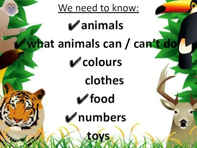We need to know: animals what animals can / can’t do colours clothes food numbers toys