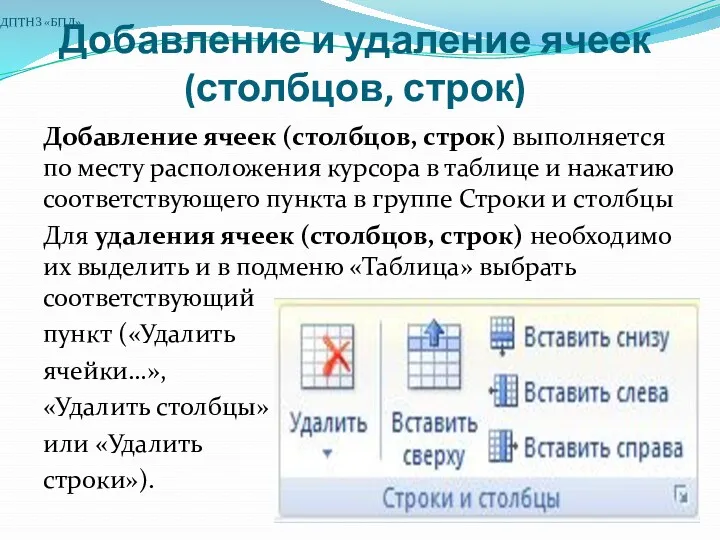 Добавление и удаление ячеек (столбцов, строк) Добавление ячеек (столбцов, строк)