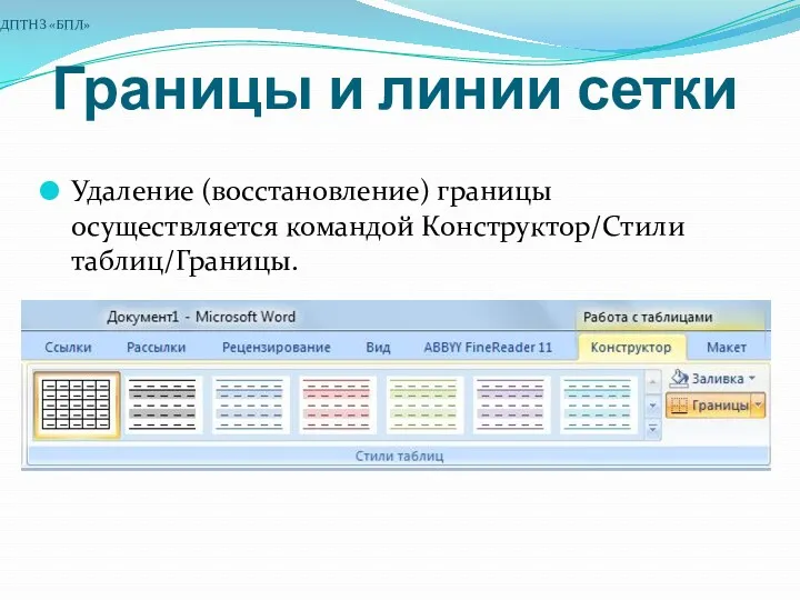 Границы и линии сетки Удаление (восстановление) границы осуществляется командой Конструктор/Стили таблиц/Границы. ДПТНЗ «БПЛ»