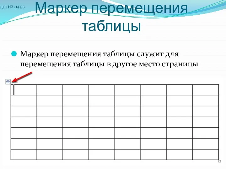 Маркер перемещения таблицы Маркер перемещения таблицы служит для перемещения таблицы в другое место страницы ДПТНЗ «БПЛ»