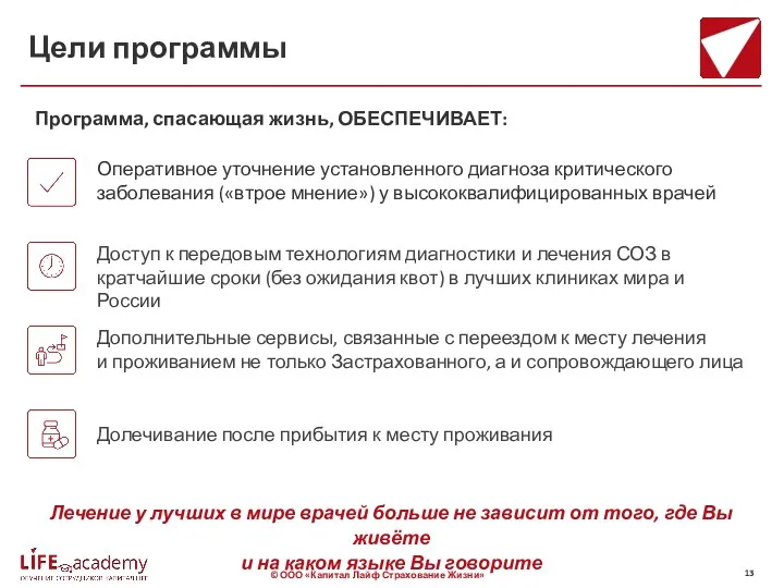 Цели программы Оперативное уточнение установленного диагноза критического заболевания («втрое мнение»)