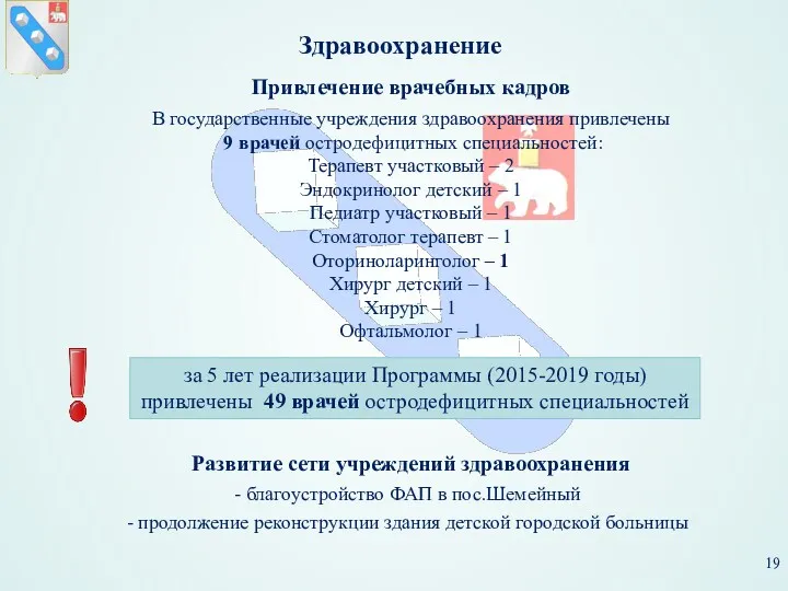 Привлечение врачебных кадров В государственные учреждения здравоохранения привлечены 9 врачей