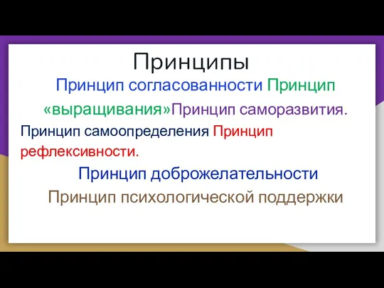 Принципы Принцип согласованности Принцип«выращивания»Принцип саморазвития. Принцип самоопределения Принцип рефлексивности. Принцип доброжелательности Принцип психологической поддержки