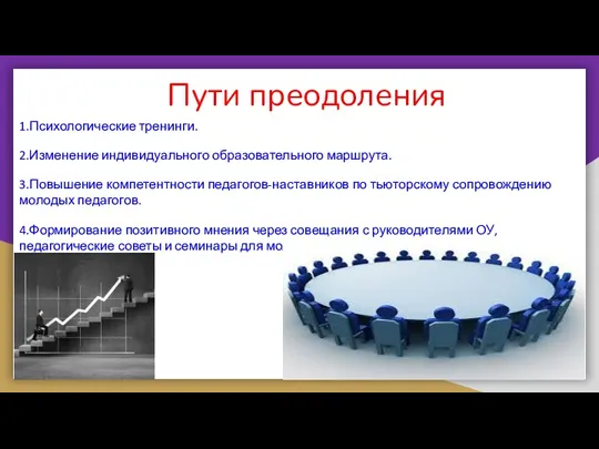 Пути преодоления 1.Психологические тренинги. 2.Изменение индивидуального образовательного маршрута. 3.Повышение компетентности педагогов-наставников по тьюторскому