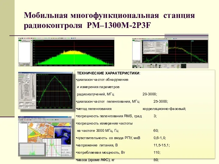 Мобильная многофункциональная станция радиоконтроля РМ–1300M-2Р3F ТЕХНИЧЕСКИЕ ХАРАКТЕРИСТИКИ: диапазон частот обнаружения и измерения параметров