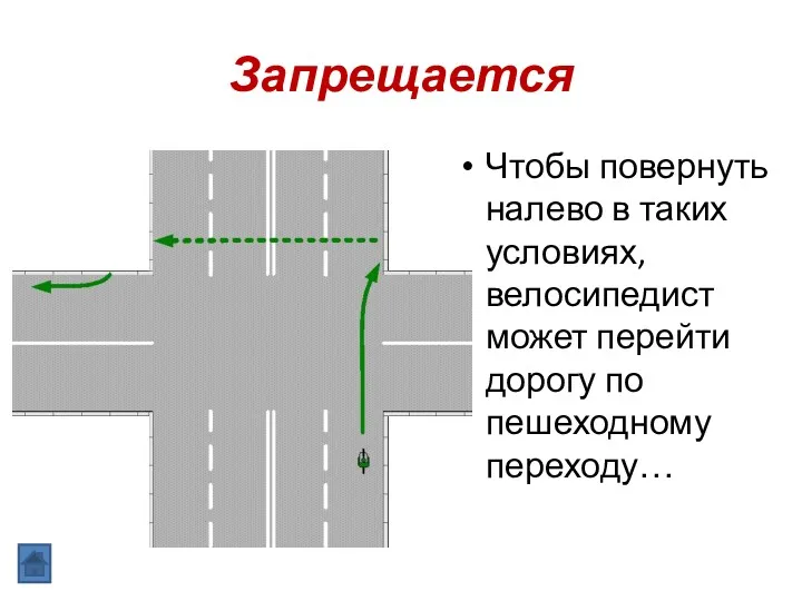Запрещается Чтобы повернуть налево в таких условиях, велосипедист может перейти дорогу по пешеходному переходу…