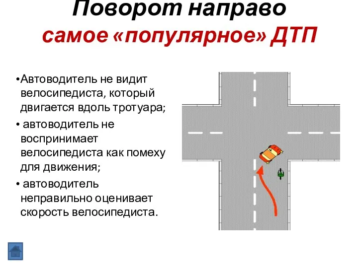 Поворот направо самое «популярное» ДТП Автоводитель не видит велосипедиста, который