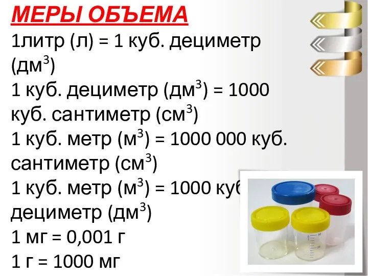 МЕРЫ ОБЪЕМА 1литр (л) = 1 куб. дециметр (дм3) 1