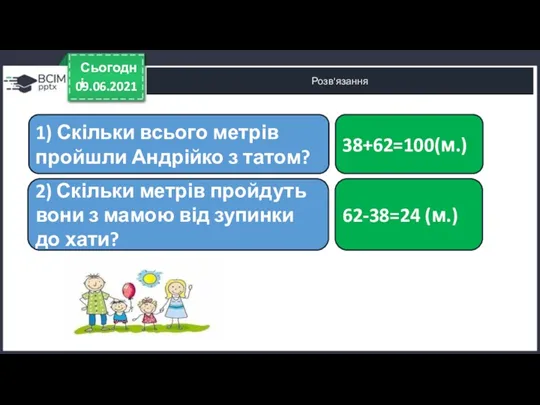 09.06.2021 Сьогодні Розв'язання 1) Скільки всього метрів пройшли Андрійко з