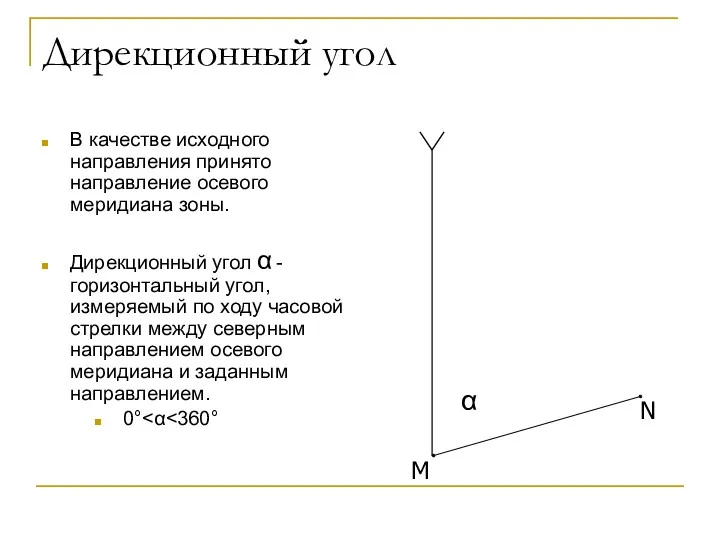 Дирекционный угол В качестве исходного направления принято направление осевого меридиана зоны. Дирекционный угол