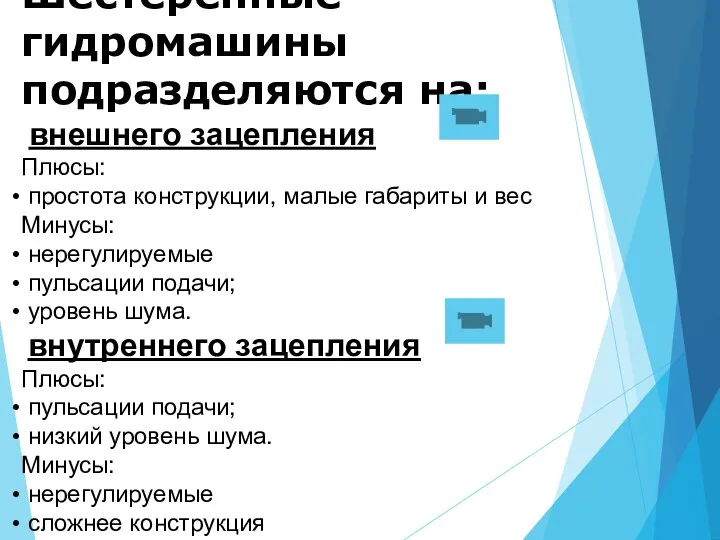 Шестеренные гидромашины подразделяются на: внешнего зацепления Плюсы: простота конструкции, малые