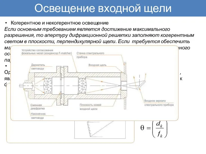 Освещение входной щели Когерентное и некогерентное освещение Если основным требованием