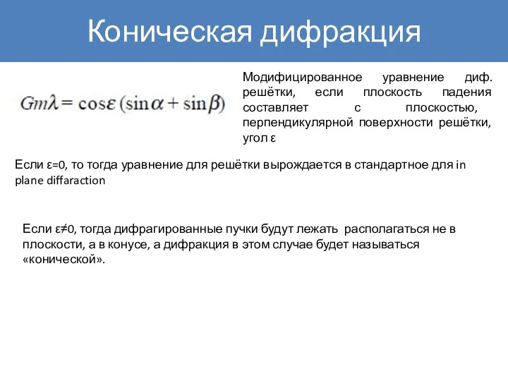 Коническая дифракция Модифицированное уравнение диф.решётки, если плоскость падения составляет с