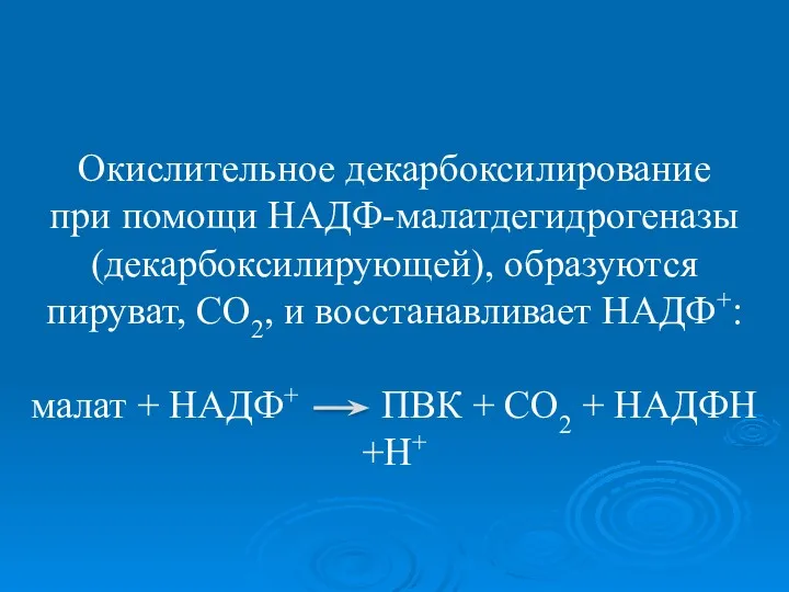 Окислительное декарбоксилирование при помощи НАДФ-малатдегидрогеназы (декарбоксилирующей), образуются пируват, СО2, и