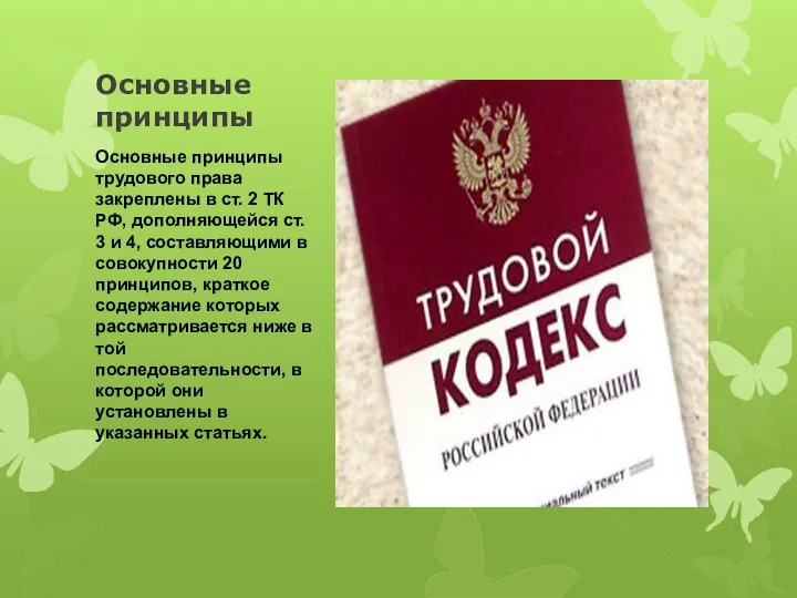 Основные принципы Основные принципы трудового права закреплены в ст. 2 ТК РФ, дополняющейся