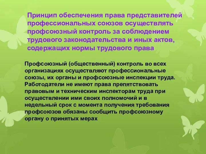 Принцип обеспечения права представителей профессиональных союзов осуществлять профсоюзный контроль за