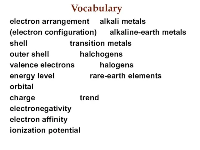 Vocabulary electron arrangement alkali metals (electron configuration) alkaline-earth metals shell transition metals outer