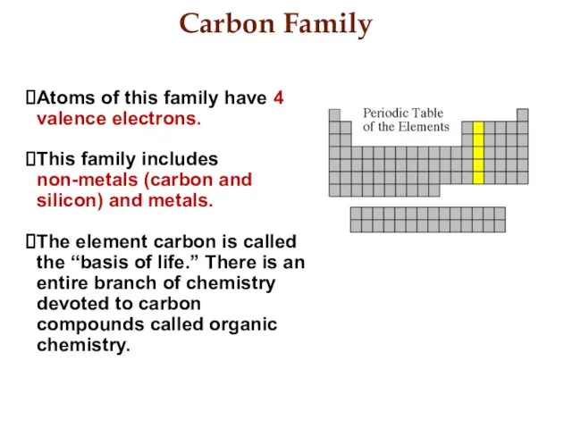 Carbon Family Atoms of this family have 4 valence electrons. This family includes