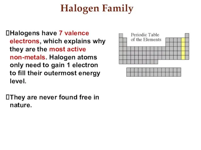 Halogen Family Halogens have 7 valence electrons, which explains why they are the