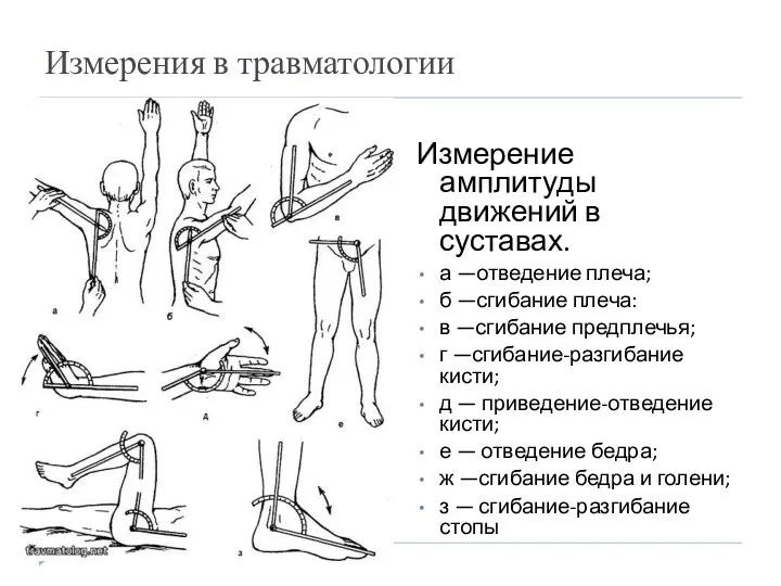 Измерения в травматологии Измерение амплитуды движений в суставах. а —отведение