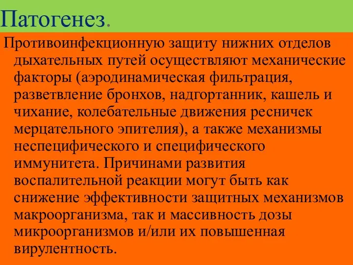 Патогенез. Противоинфекционную защиту нижних отделов дыхательных путей осуществляют механические факторы