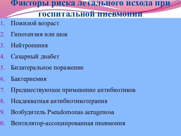 Факторы риска летального исхода при госпитальной пневмонии Пожилой возраст Гипотензия