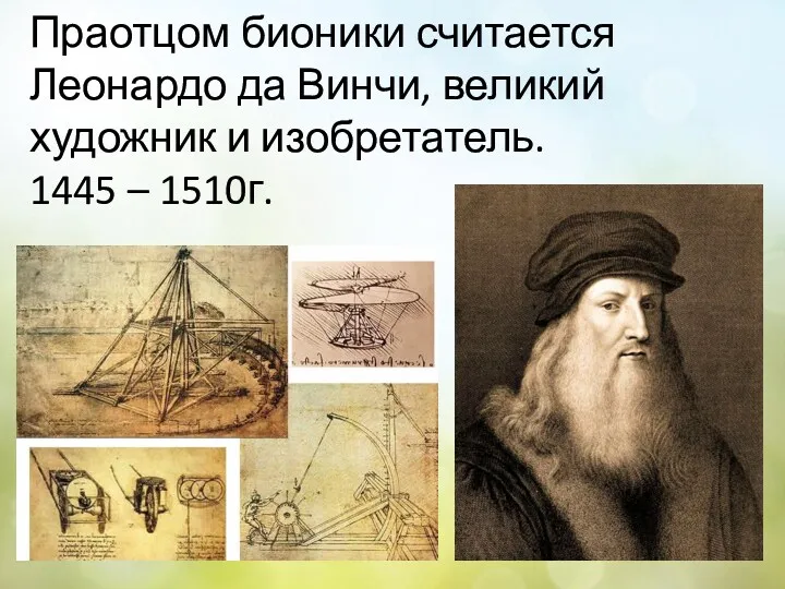 Праотцом бионики считается Леонардо да Винчи, великий художник и изобретатель. 1445 – 1510г.