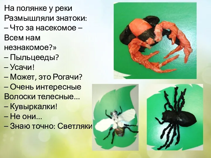 На полянке у реки Размышляли знатоки: – Что за насекомое