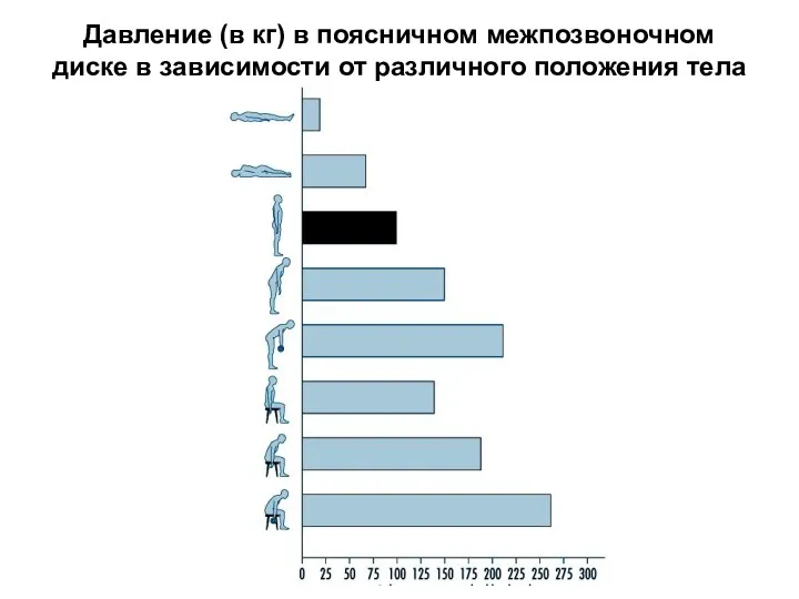 Давление (в кг) в поясничном межпозвоночном диске в зависимости от различного положения тела