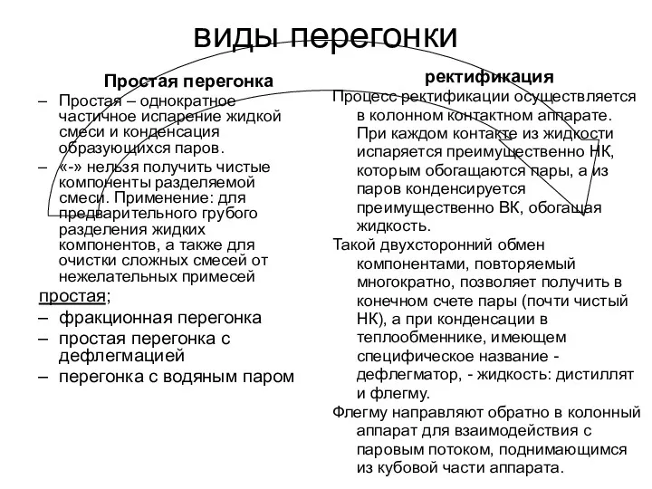 виды перегонки Простая перегонка Простая – однократное частичное испарение жидкой