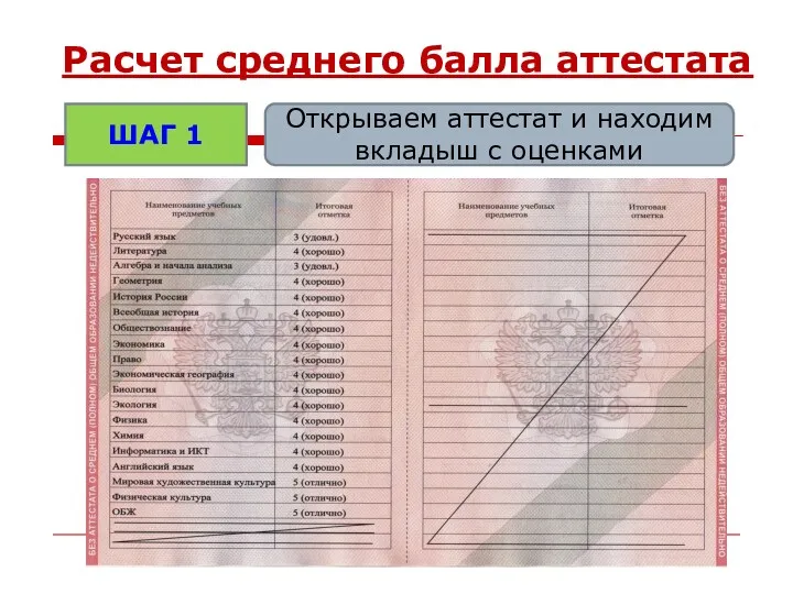 Расчет среднего балла аттестата ШАГ 1 Открываем аттестат и находим вкладыш с оценками