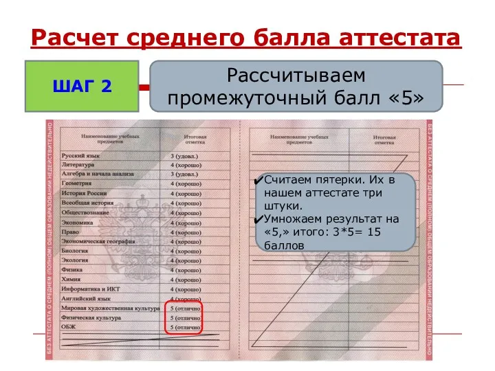 Расчет среднего балла аттестата ШАГ 2 Рассчитываем промежуточный балл «5»