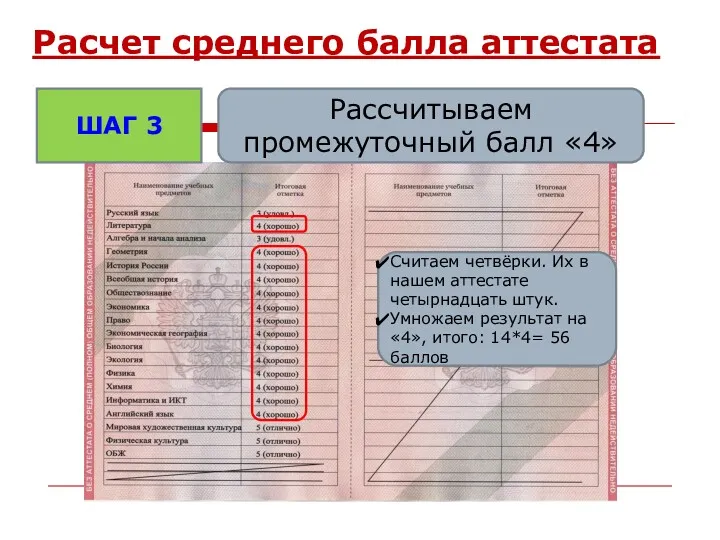 Расчет среднего балла аттестата ШАГ 3 Рассчитываем промежуточный балл «4»