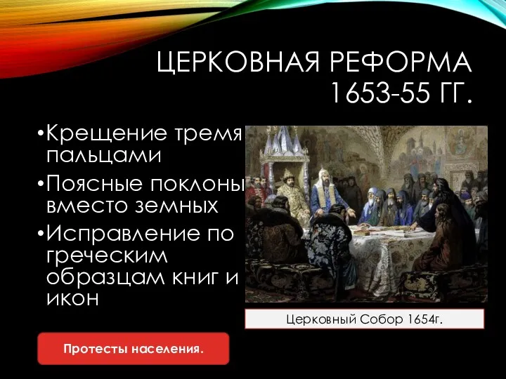 ЦЕРКОВНАЯ РЕФОРМА 1653-55 ГГ. Крещение тремя пальцами Поясные поклоны вместо