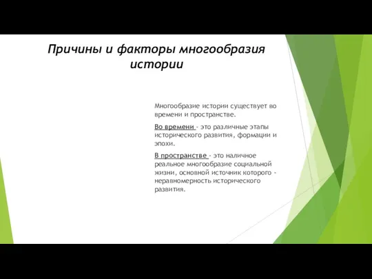 Причины и факторы многообразия истории Многообразие истории существует во времени и пространстве. Во