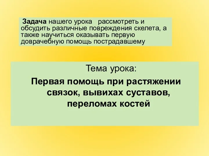 Тема урока: Первая помощь при растяжении связок, вывихах суставов, переломах