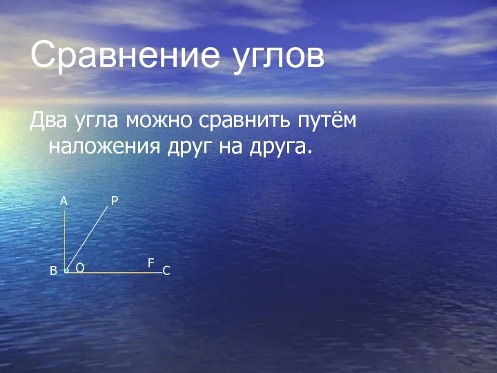 Сравнение углов Два угла можно сравнить путём наложения друг на