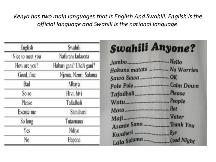 Kenya has two main languages that is English And Swahili.