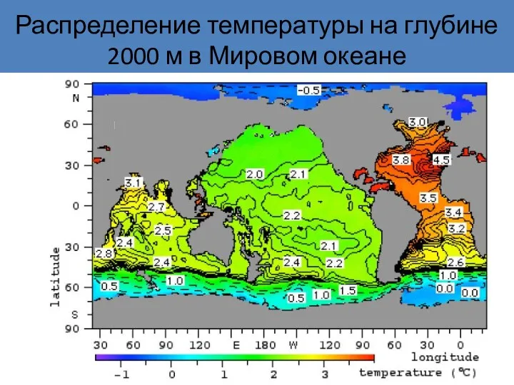 Распределение температуры на глубине 2000 м в Мировом океане