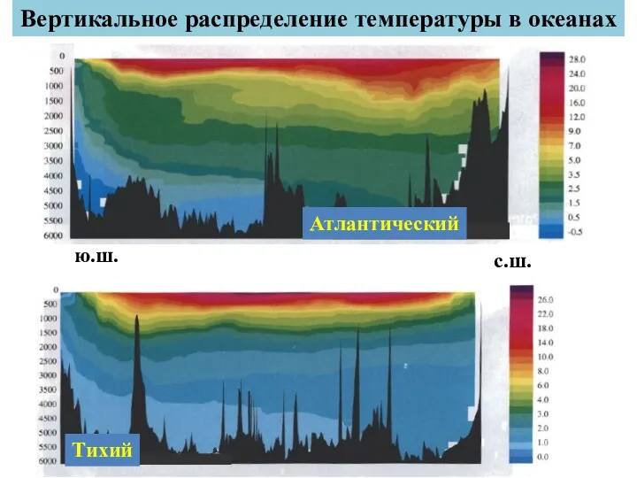 Вертикальное распределение температуры в океанах ю.ш. с.ш.