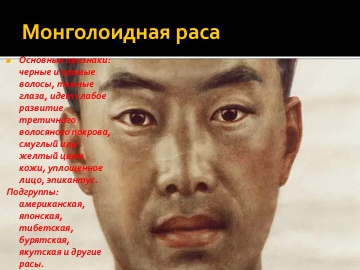 Монголоидная раса Основные признаки: черные и прямые волосы, темные глаза, идет слабое развитие