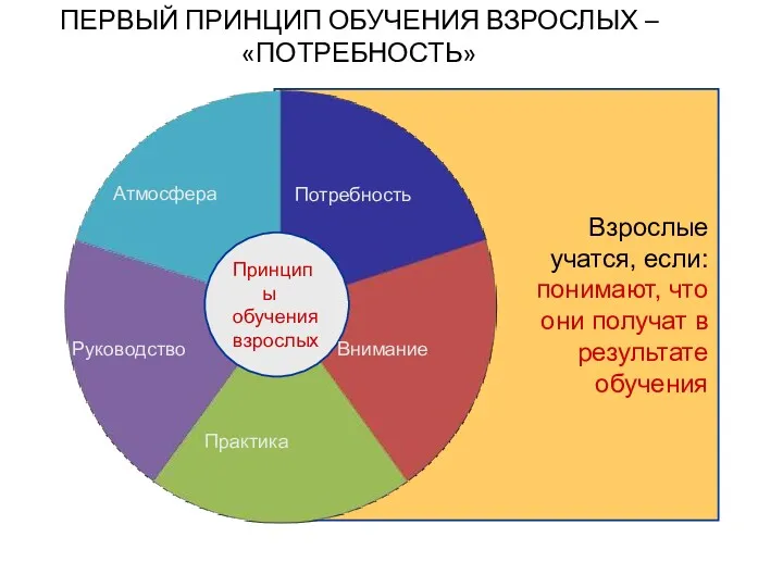 Принципы обучения взрослых Потребность Внимание Практика Атмосфера ПЕРВЫЙ ПРИНЦИП ОБУЧЕНИЯ ВЗРОСЛЫХ – «ПОТРЕБНОСТЬ» Руководство