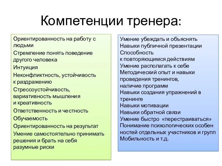 Компетенции тренера: Ориентированность на работу с людьми Стремление понять поведение другого человека Интуиция