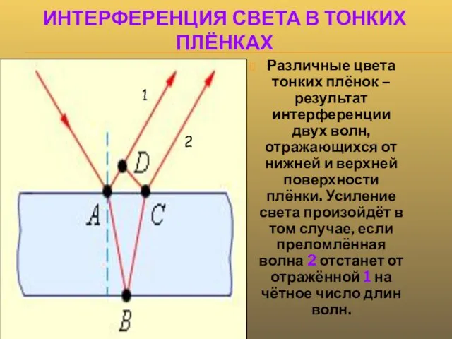 ИНТЕРФЕРЕНЦИЯ СВЕТА В ТОНКИХ ПЛЁНКАХ Различные цвета тонких плёнок – результат интерференции двух