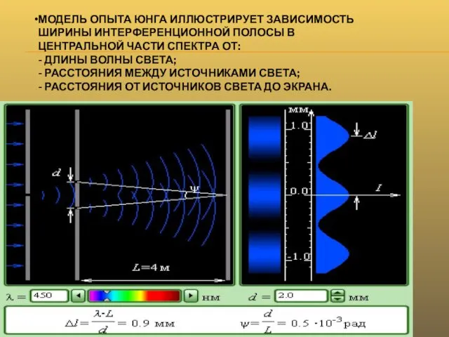 МОДЕЛЬ ОПЫТА ЮНГА ИЛЛЮСТРИРУЕТ ЗАВИСИМОСТЬ ШИРИНЫ ИНТЕРФЕРЕНЦИОННОЙ ПОЛОСЫ В ЦЕНТРАЛЬНОЙ ЧАСТИ СПЕКТРА ОТ: