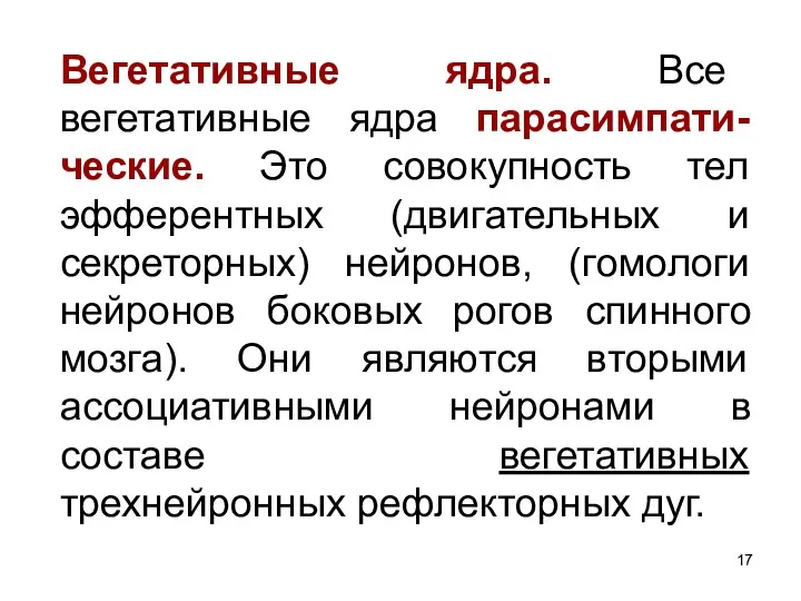 Вегетативные ядра. Все вегетативные ядра парасимпати-ческие. Это совокупность тел эфферентных