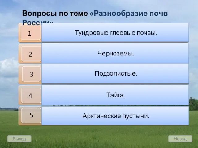 Выход Назад Вопросы по теме «Разнообразие почв России» Тундровые глеевые